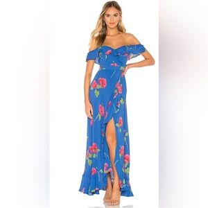 Flynn Skye Monica Off-Shoulder Blue Floral Maxi Dress with Ruffle Hem